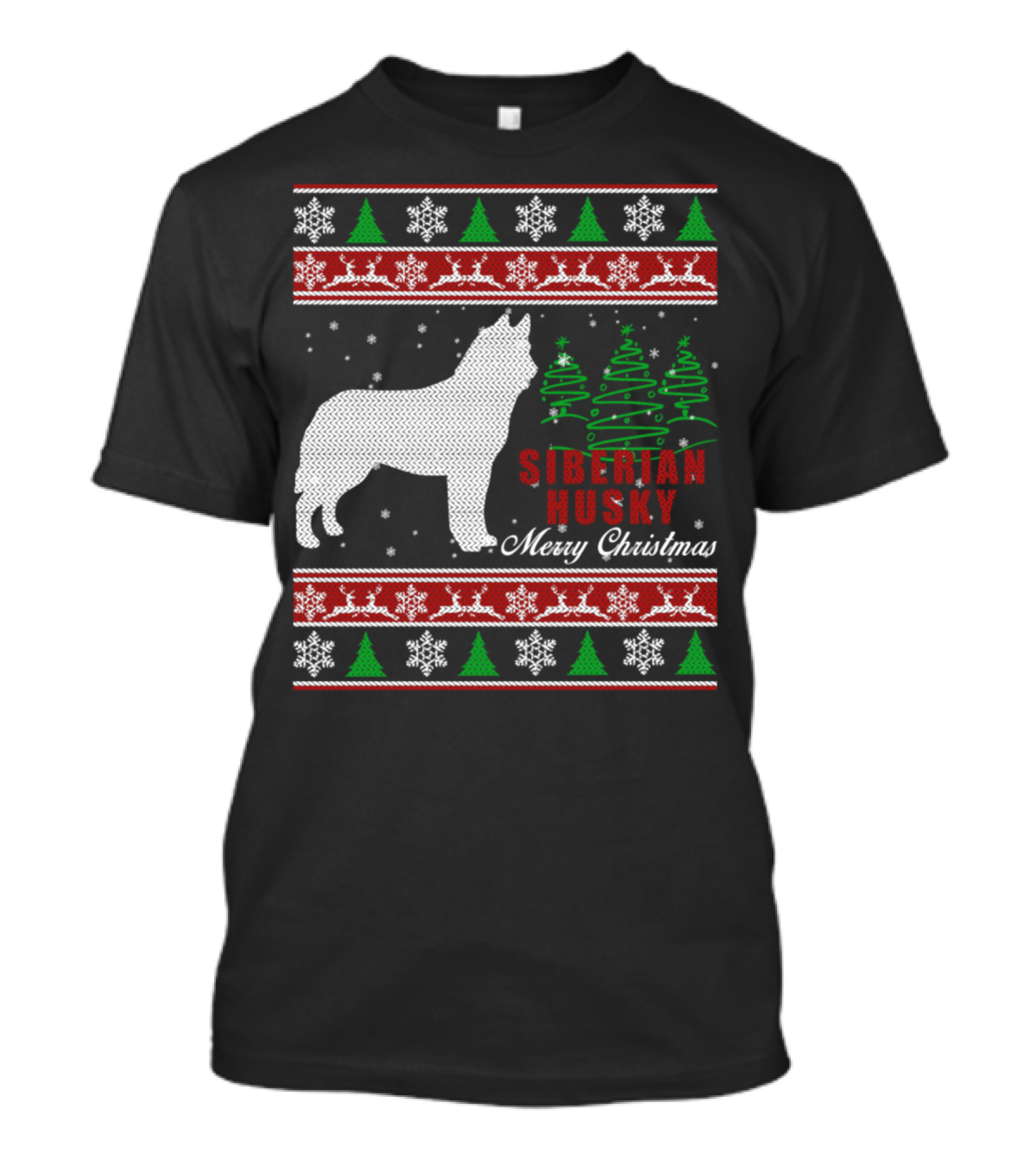 Siberian Husky Merry Christmas With Snowflakes And Christmas Trees T-Shirt