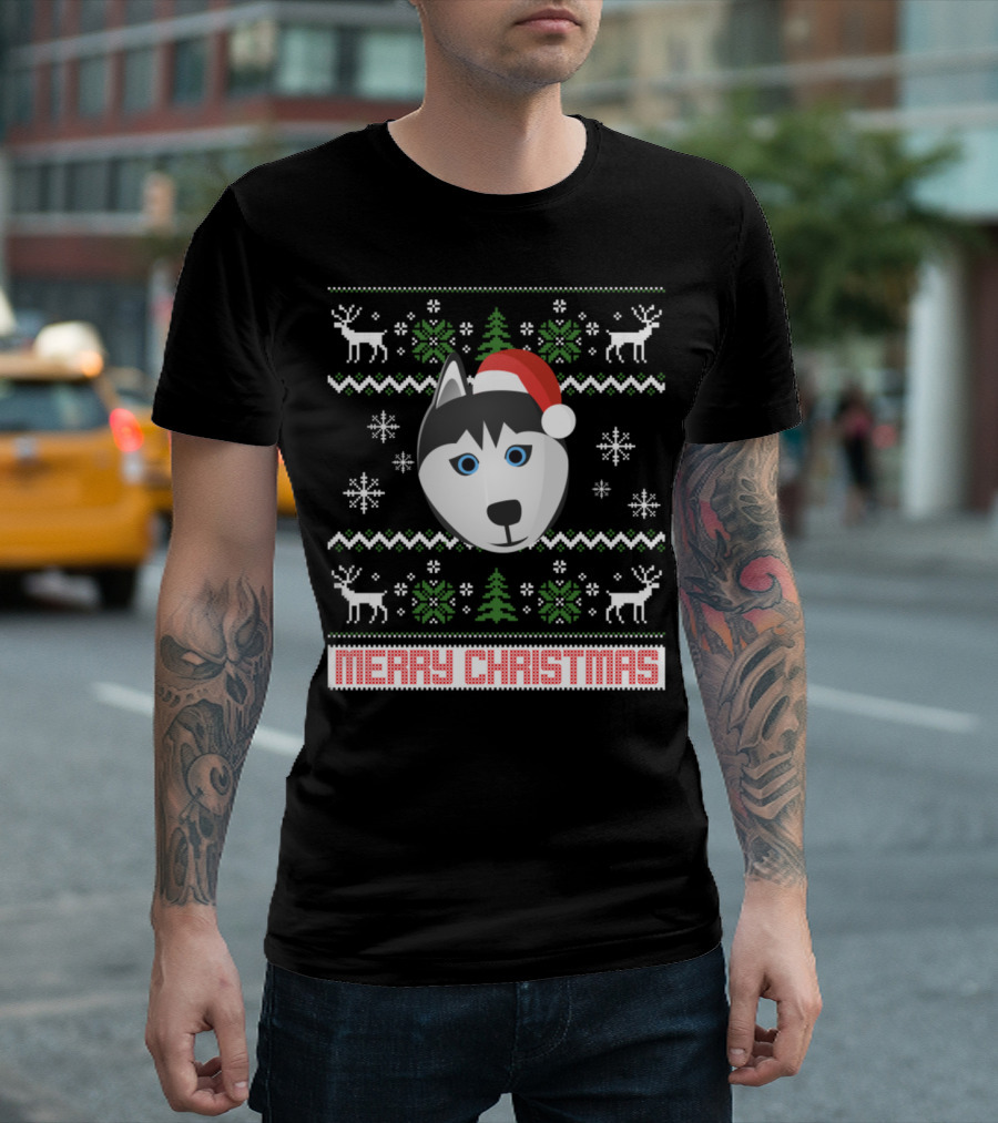 Merry Christmas Siberian Husky Santa Snowflakes Ugly T-Shirt