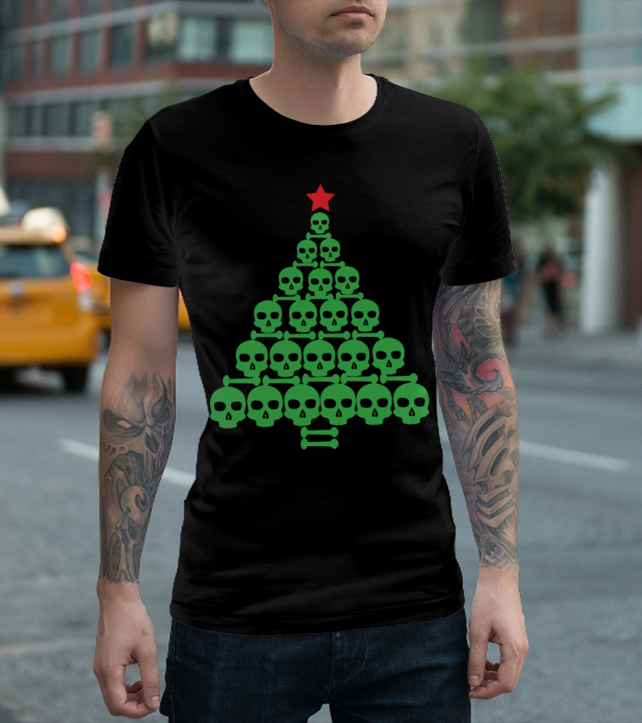 Skull Christmas Tree Red Star Green Skulls T-Shirt