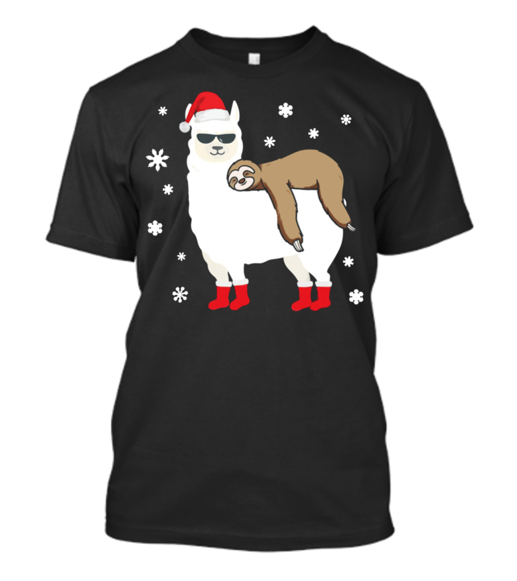 Cool Christmas Sloth On Llama With Santa Hat And Sunglasses T-Shirt
