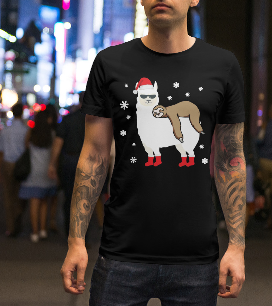 Cool Christmas Sloth On Llama With Santa Hat And Sunglasses T-Shirt