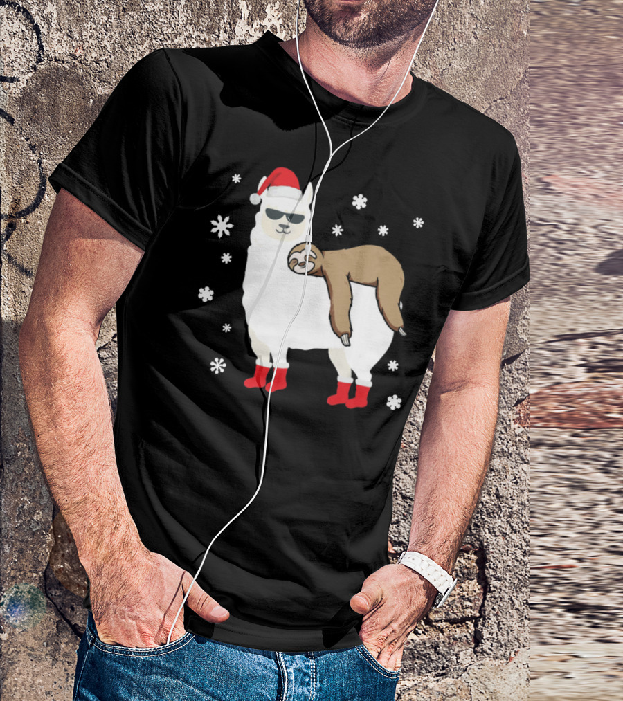 Cool Christmas Sloth On Llama With Santa Hat And Sunglasses T-Shirt