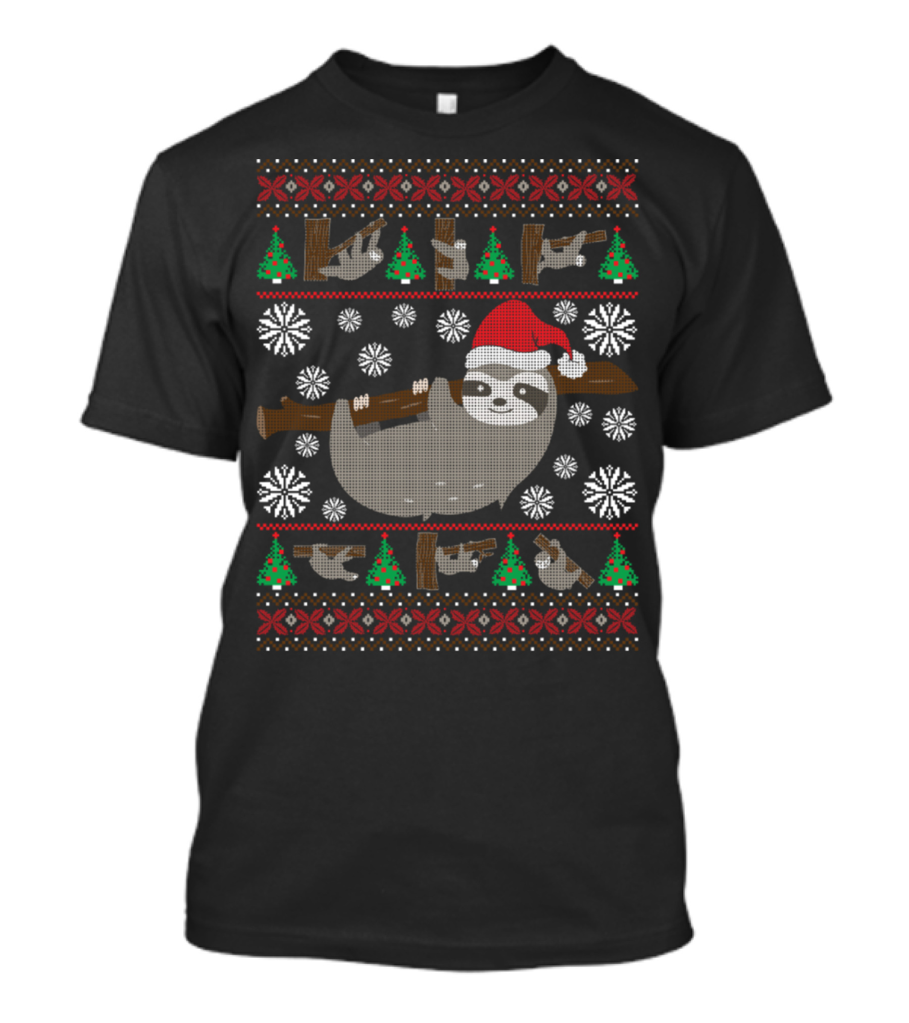 Ugly Christmas Sloth Funny Holiday Sweater Santa Hat Snowflakes T-Shirt