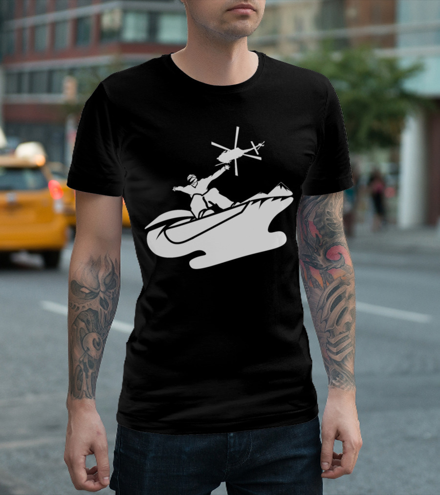 Snowboarder Helicopter Extreme Jump on Mountain Wave T-Shirt