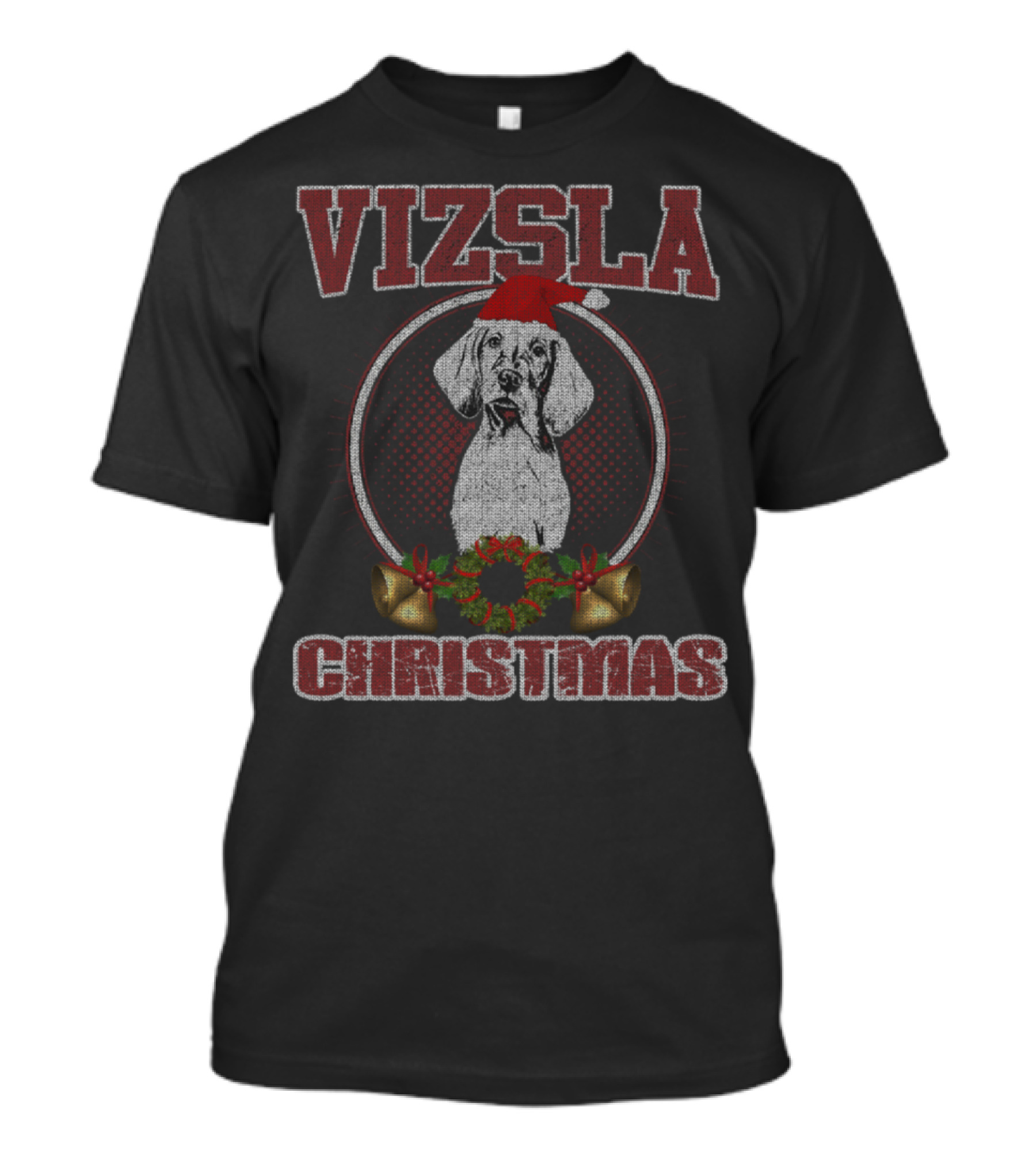 Vizsla Christmas Santa Hat Dog With Bells And Wreath T-Shirt