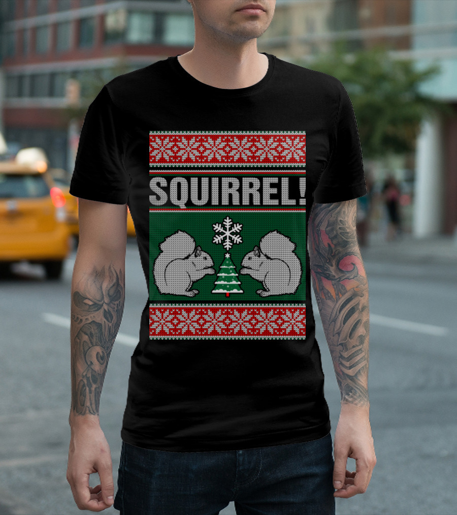 Squirrel Holiday Ugly Christmas Sweater Pattern with Snowflakes and Christmas Tree T-Shirt