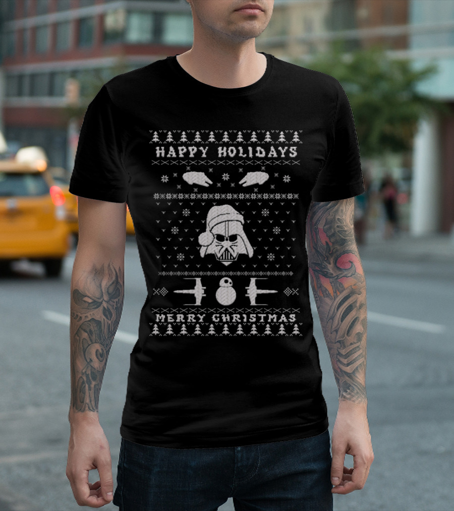 Happy Holidays Merry Christmas Star Wars Themed Darth Vader With Santa Hat For Star Wars Fans T-Shirt