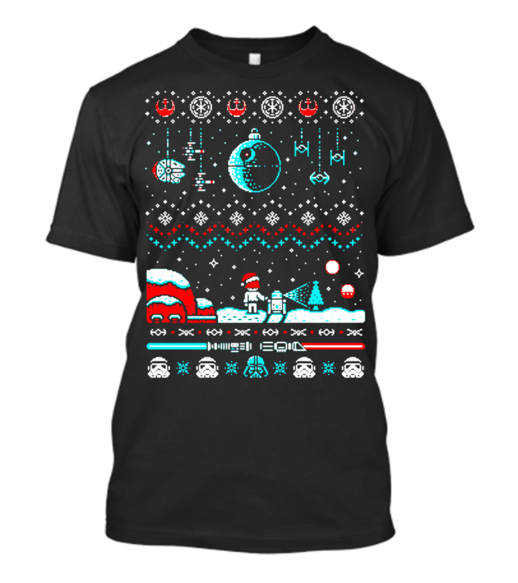 Star Wars Ugly Christmas Sweater Millennium Falcon Death Star TIE Fighter Santa Vader Stormtrooper R2-D2 C-3PO Winter Scene T-Shirt