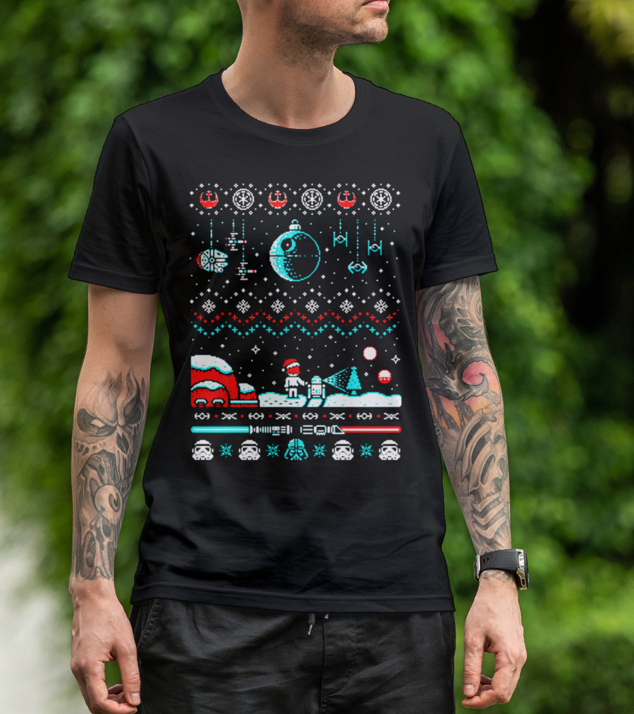 Star Wars Ugly Christmas Sweater Millennium Falcon Death Star TIE Fighter Santa Vader Stormtrooper R2-D2 C-3PO Winter Scene T-Shirt
