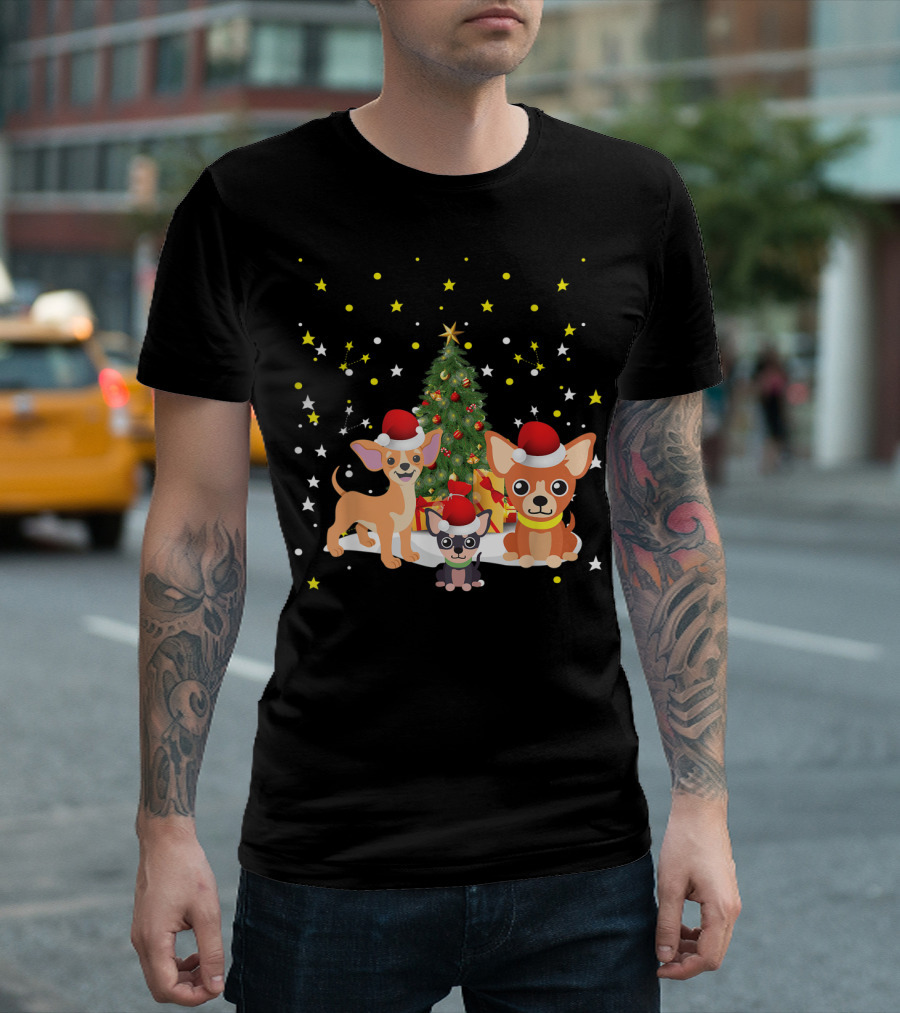 Chihuahua Christmas Tree Xmas Chihuahua Santa Hats Holiday Starry Night T-Shirt