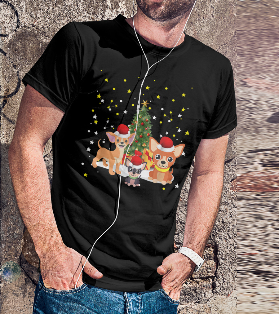 Chihuahua Christmas Tree Xmas Chihuahua Santa Hats Holiday Starry Night T-Shirt