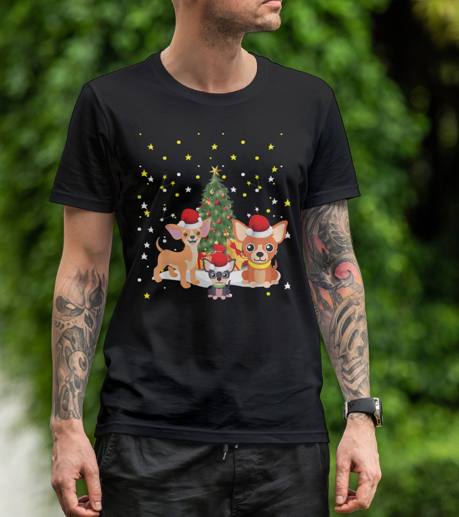 Chihuahua Christmas Tree Xmas Chihuahua Santa Hats Holiday Starry Night T-Shirt