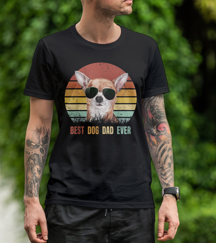 Best Dog Dad Ever Vintage Chihuahua Sunglasses Retro Sunset T-Shirt