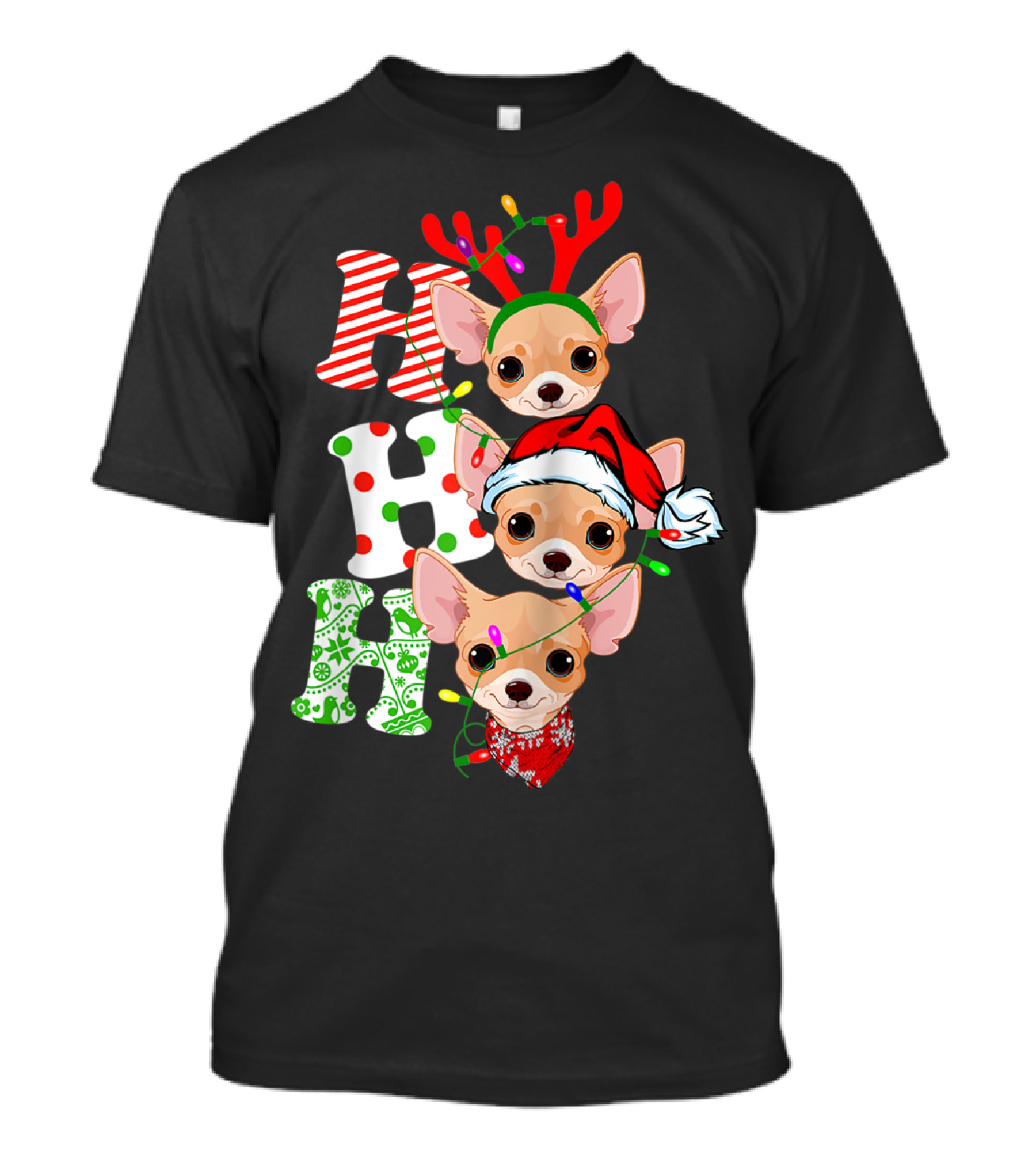 Merry Christmas Chihuahua Ho Ho Ho Santa Reindeer Lights T-Shirt