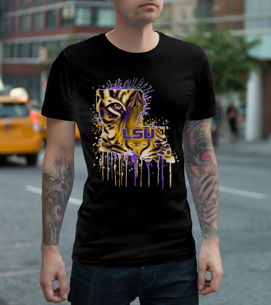LSU Tigers Map with Tiger Eye and Gameday Colors T-Shirt