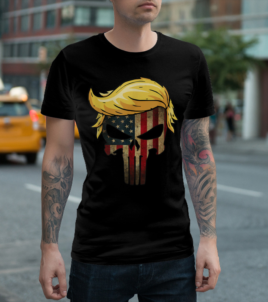 Trump Hair Skull American Flag 4th Of July T-Shirt