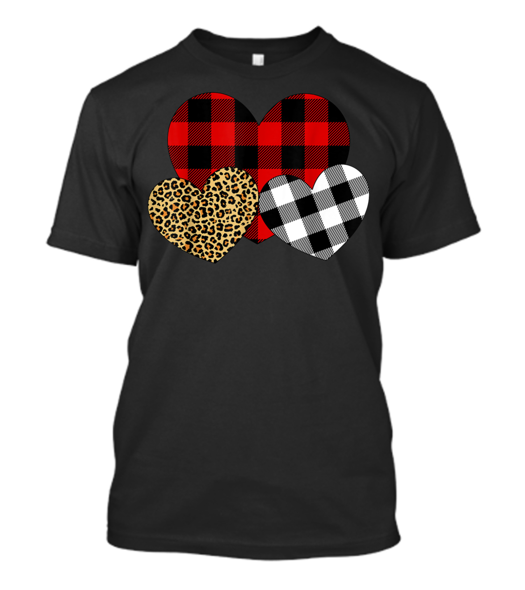 Happy Valentine Day Three Hearts Leopard Buffalo Plaid Checkerboard T-Shirt