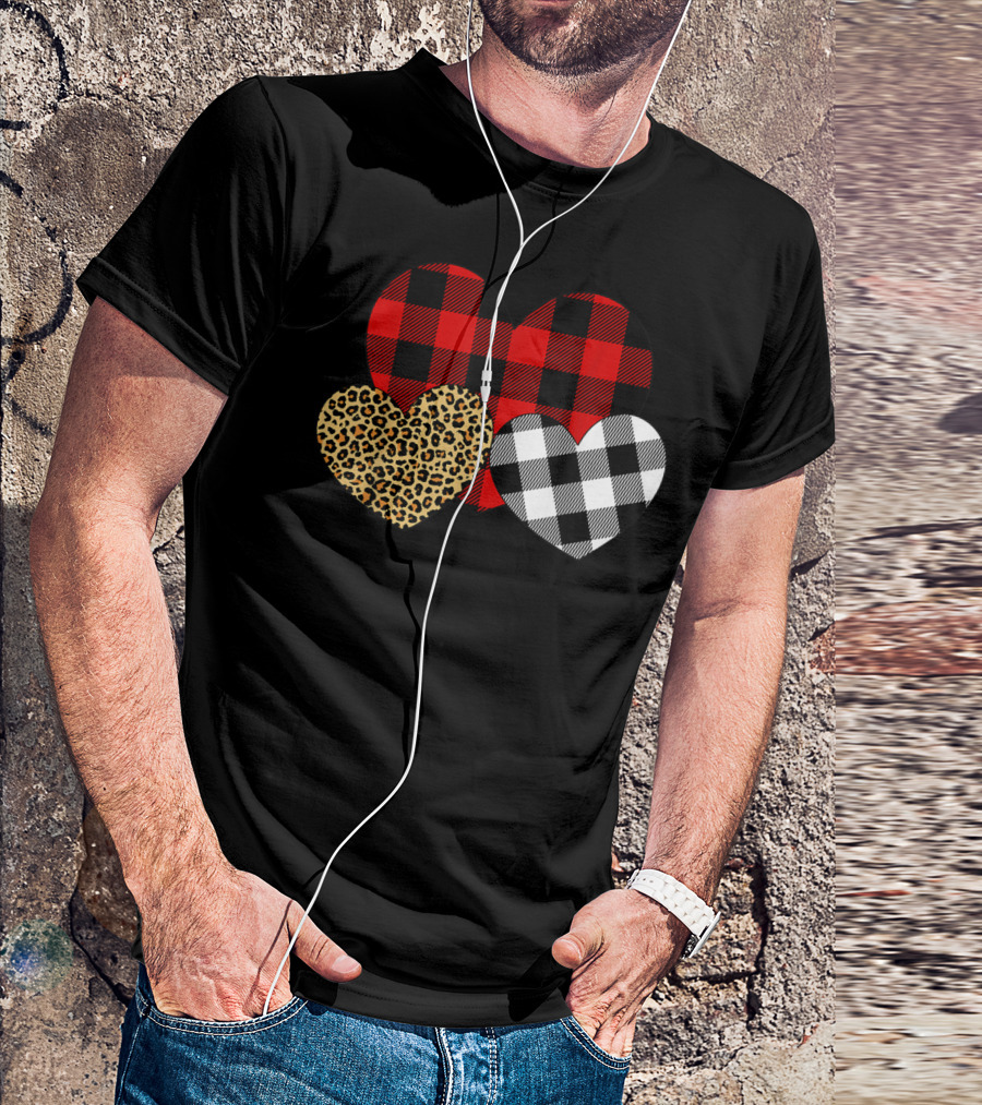 Happy Valentine Day Three Hearts Leopard Buffalo Plaid Checkerboard T-Shirt