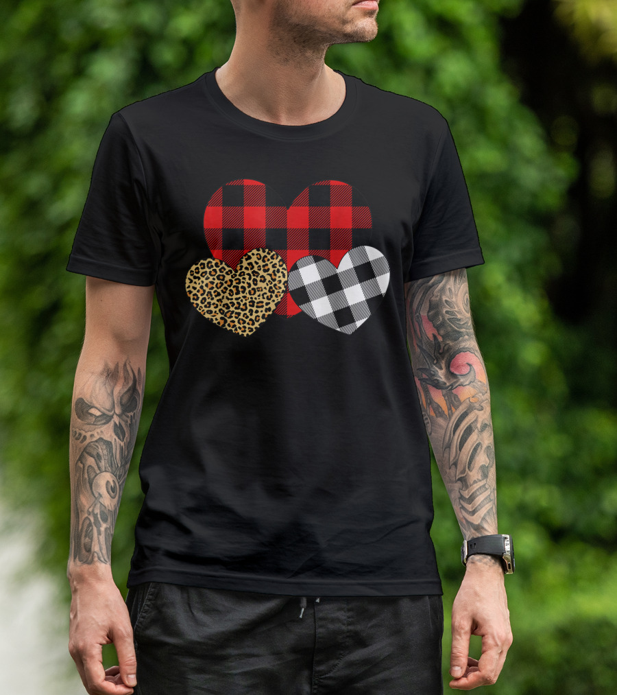 Happy Valentine Day Three Hearts Leopard Buffalo Plaid Checkerboard T-Shirt