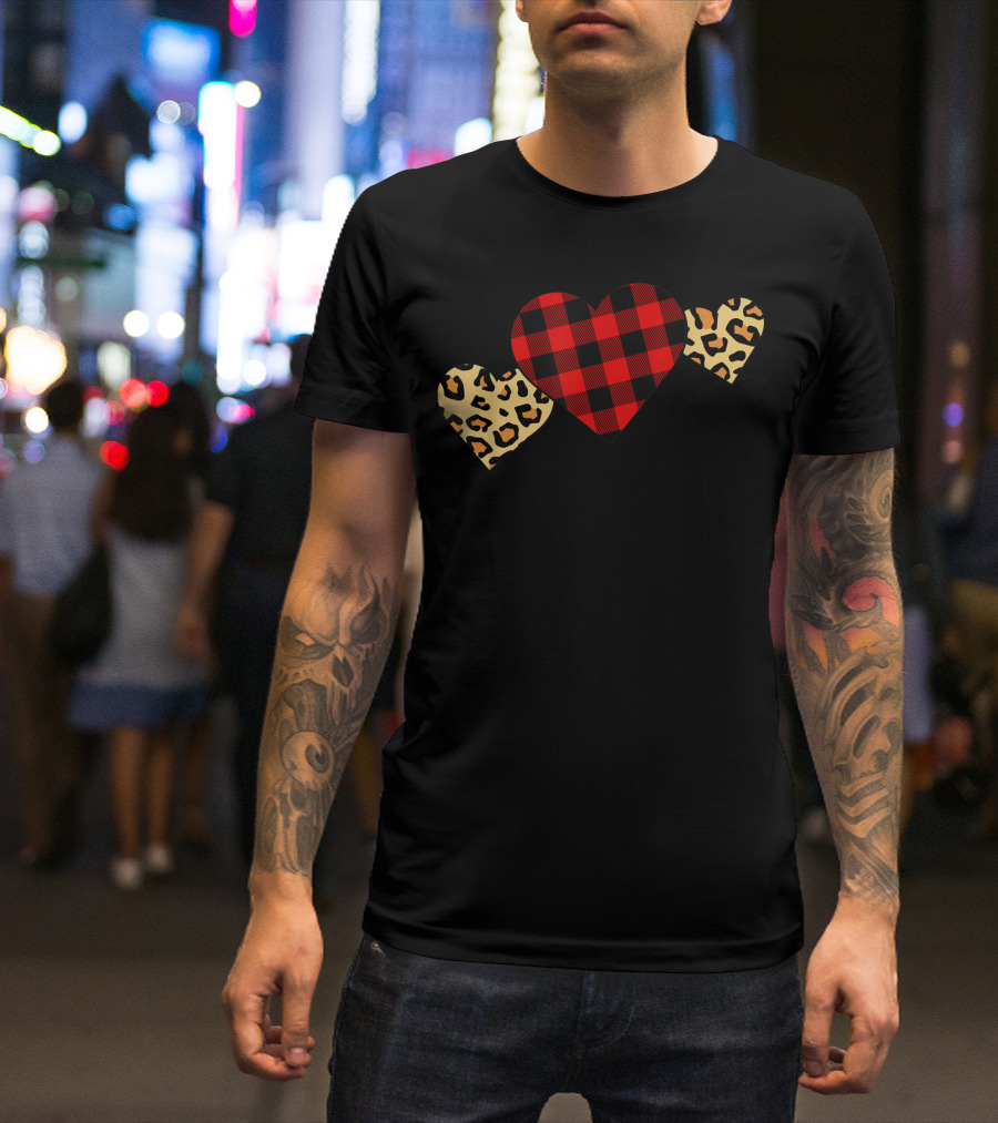 Leopard Buffalo Plaid Heart Love T-Shirt