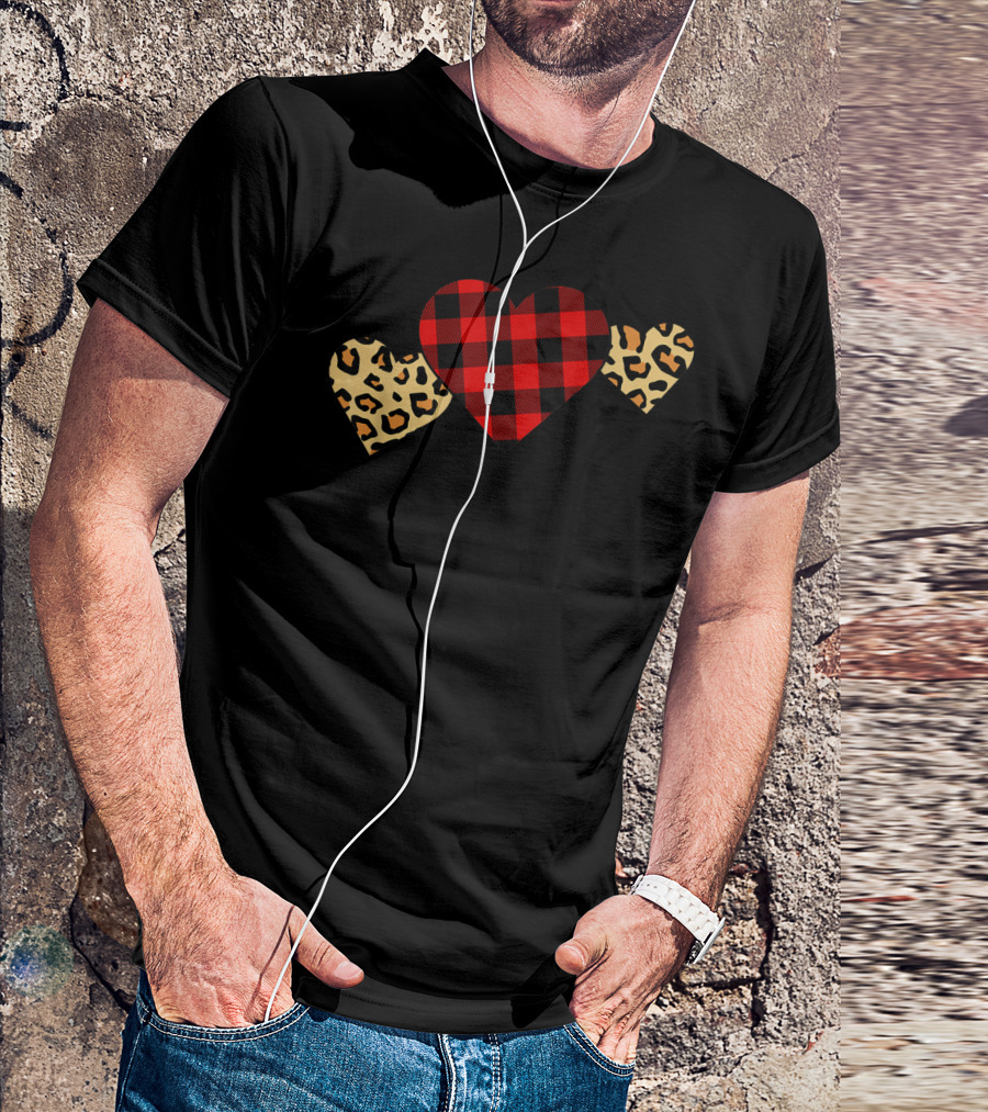 Leopard Buffalo Plaid Heart Love T-Shirt
