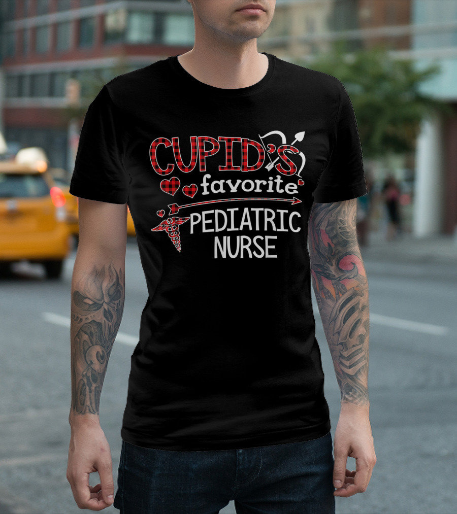 Cupid's Favorite Pediatric Nurse Red Plaid Hearts and Arrow T-Shirt