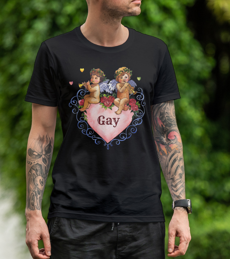 Valentine Gay Angel Cherub Heart Roses Trumpet Wings T-Shirt