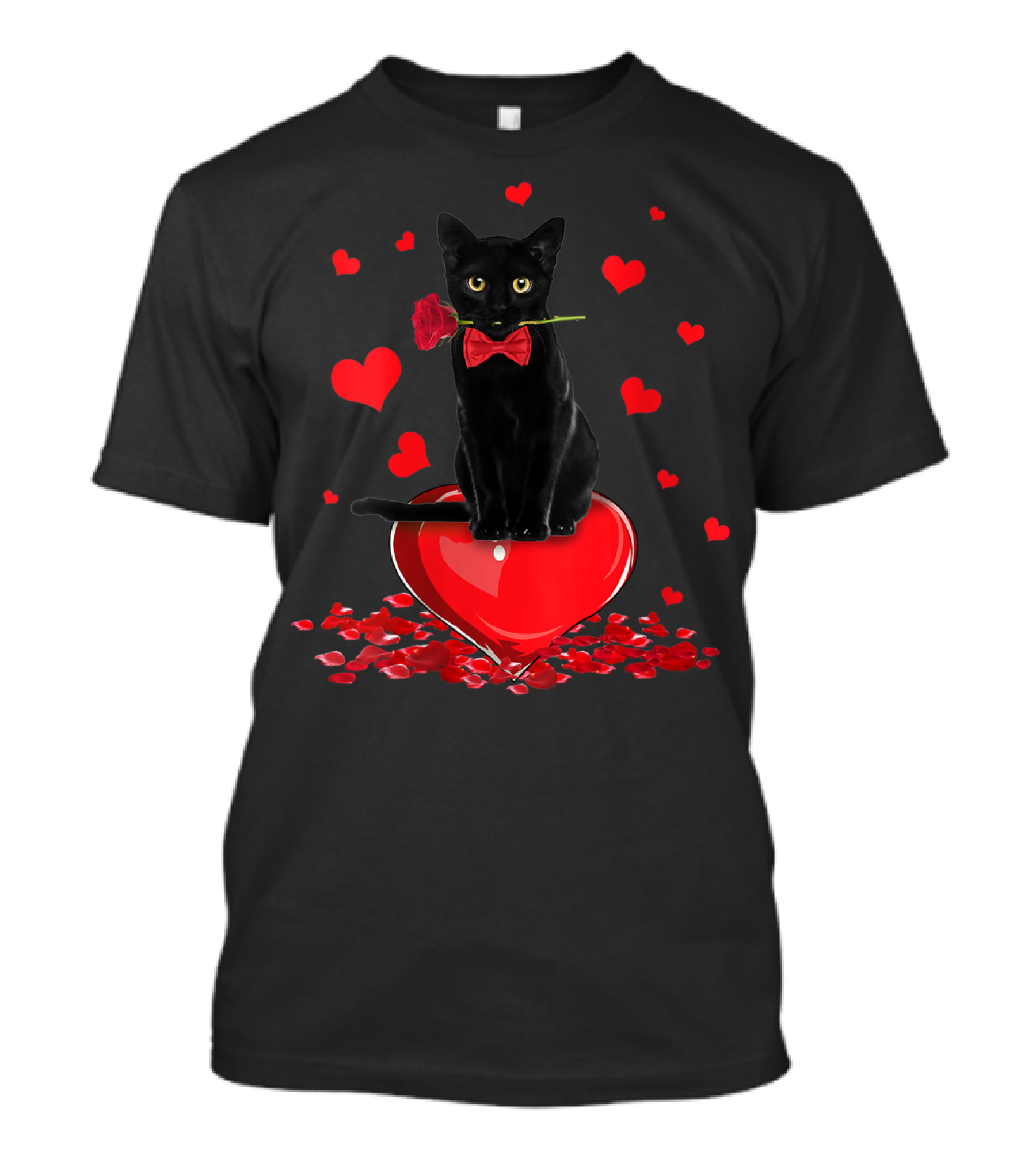 Black Cat Red Hearts Valentine Rose T-Shirt