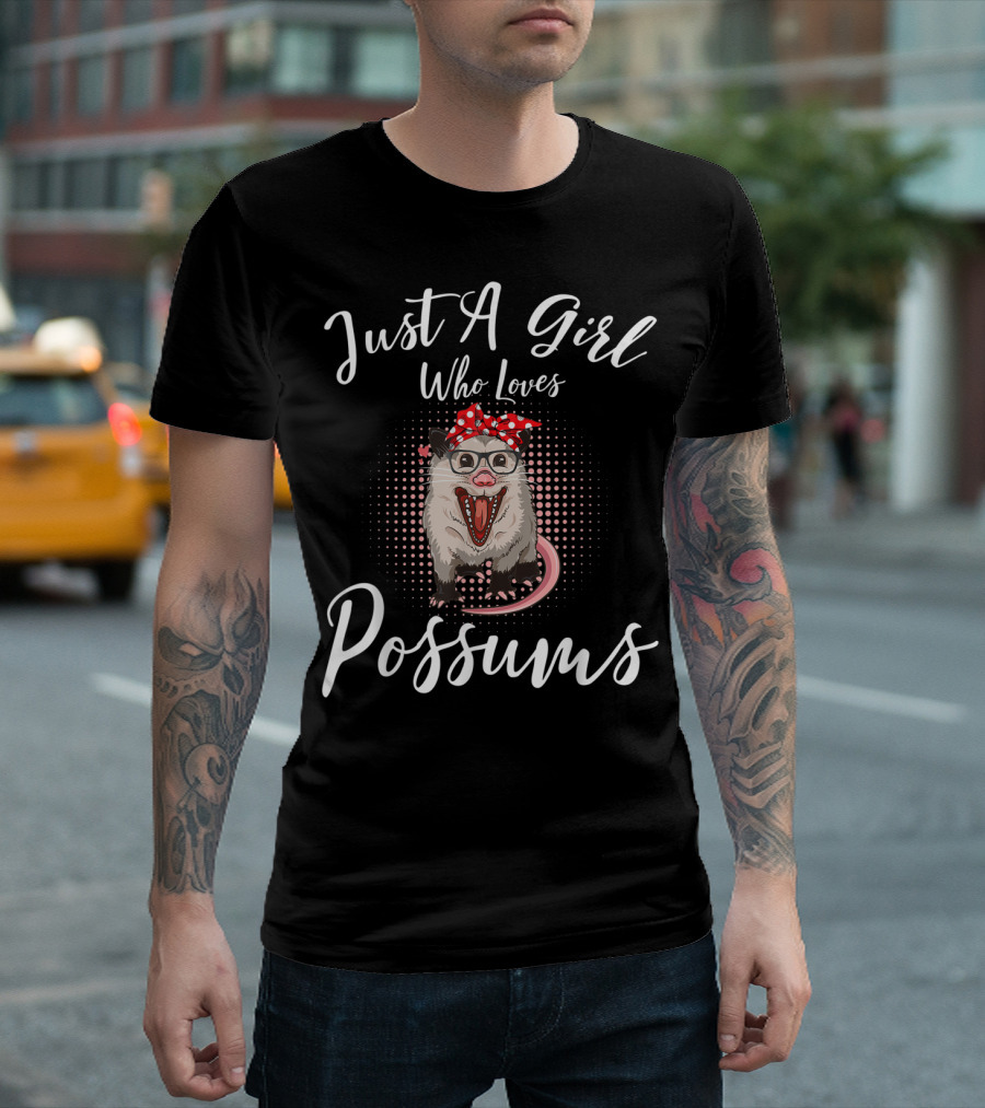 Just A Girl Who Loves Possums Cute Animal With Glasses And Red Bow T-Shirt