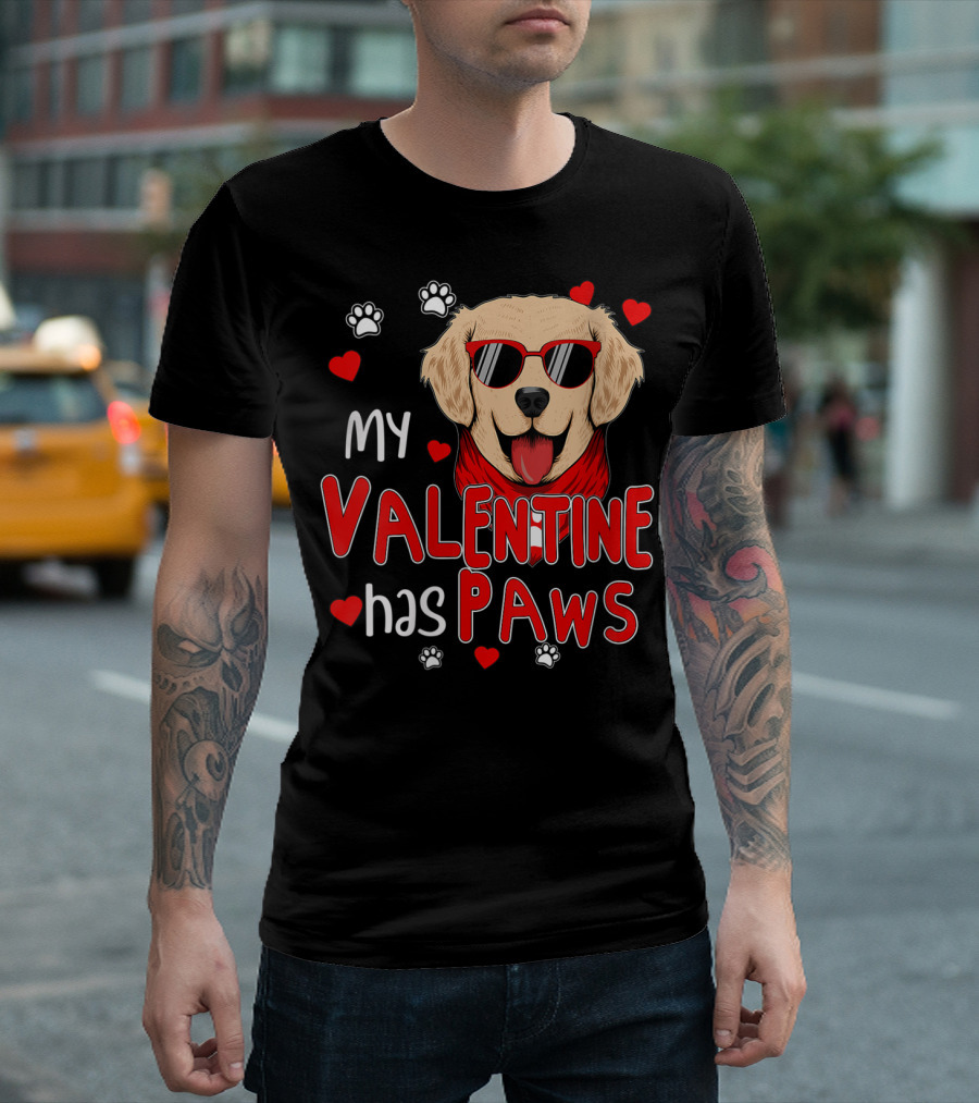 My Valentine Has Paws Golden Retriever With Sunglasses And Hearts T-Shirt