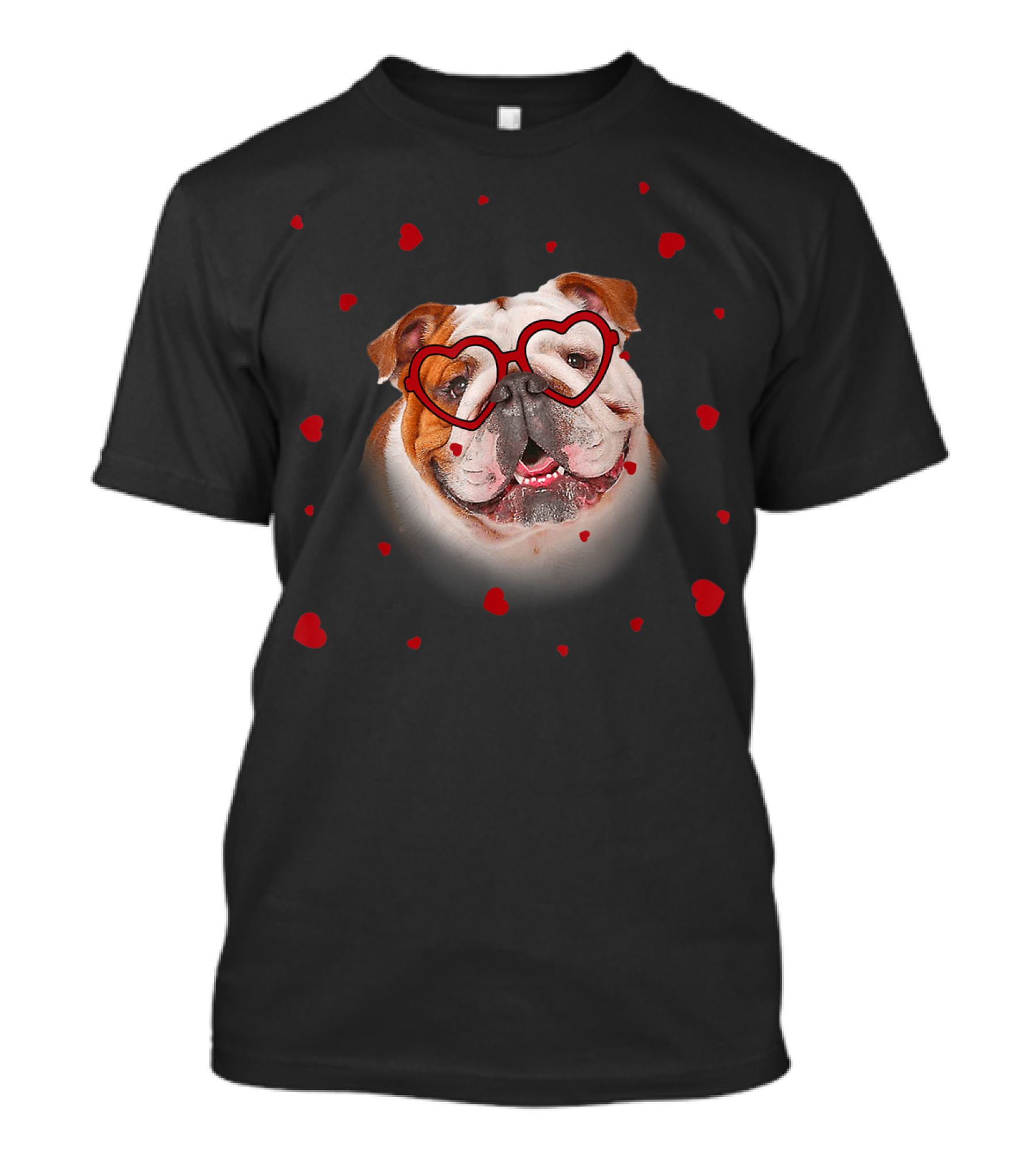 Funny Glassed Heart Love English Bulldog Surrounded By Red Hearts T-Shirt