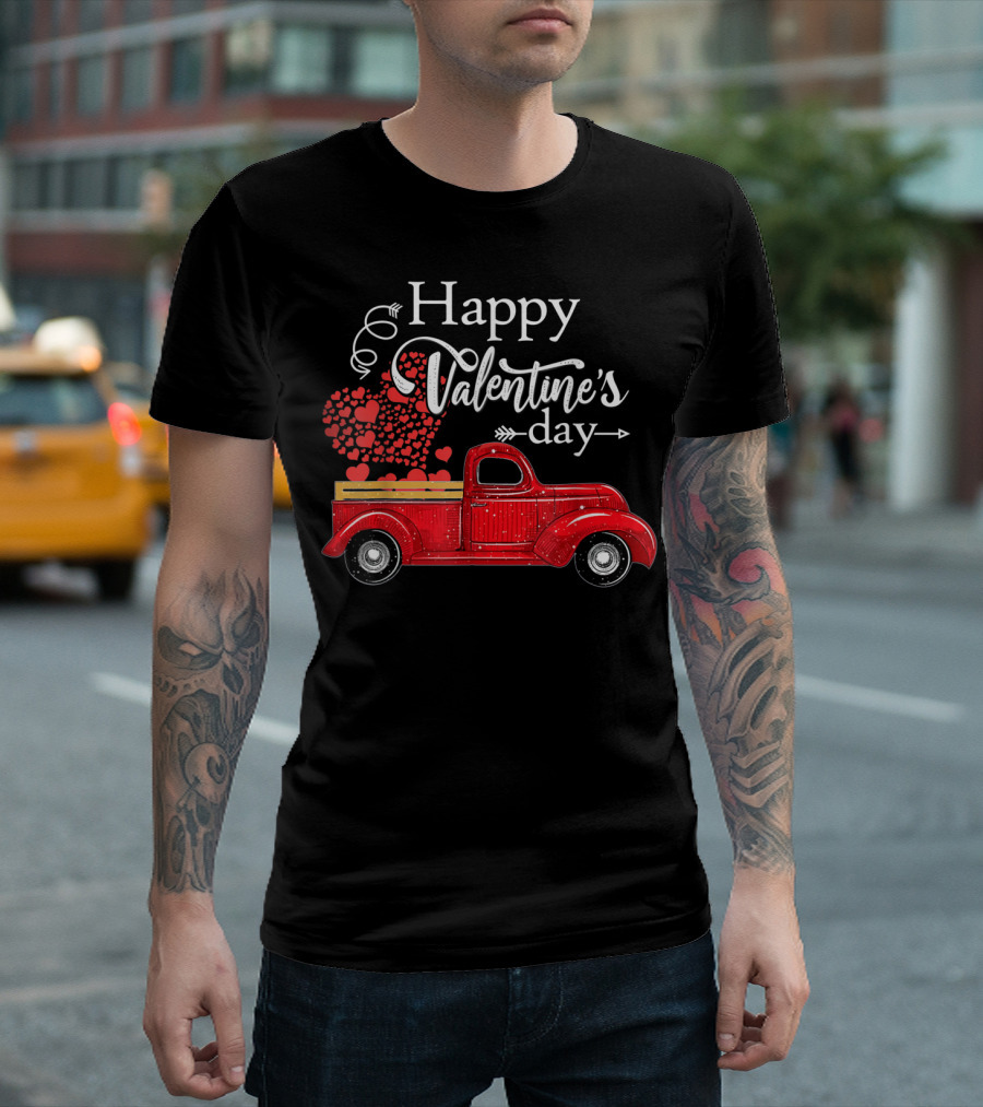 Happy Valentine's Day Red Truck Carrying Hearts of Love T-Shirt