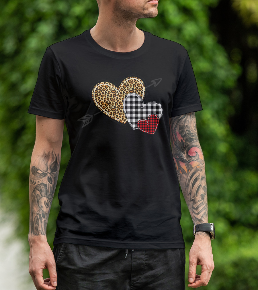 Leopard Heart Buffalo Plaid Valentine Hearts Trio T-Shirt