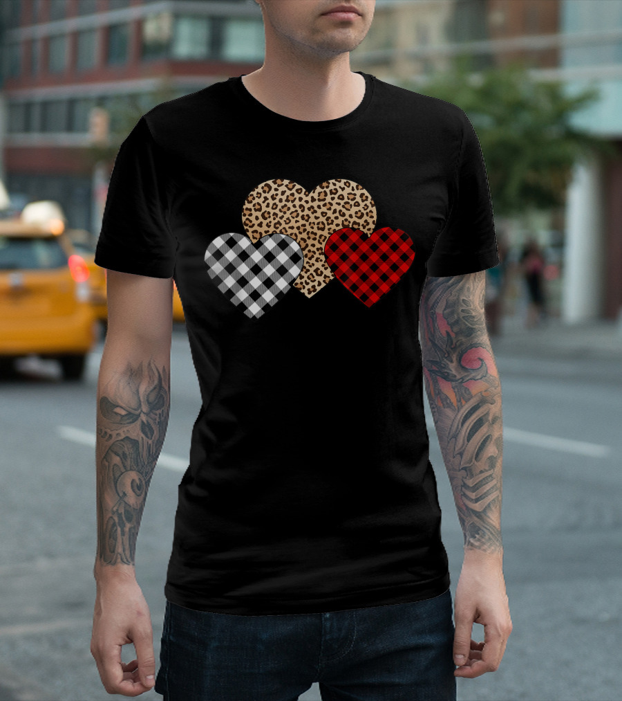 Valentine Three Hearts Leopard Buffalo Plaid Black White Red T-Shirt