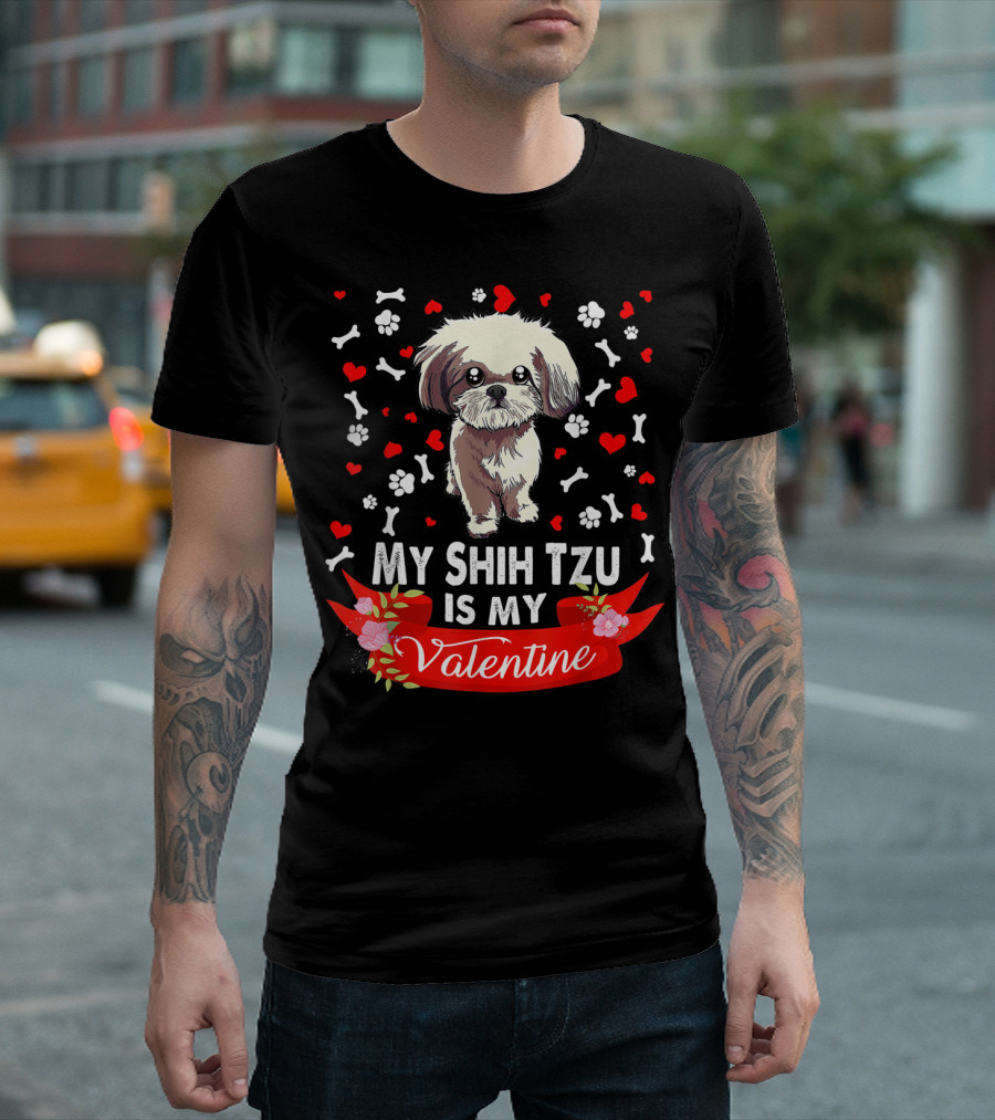 Valentines Day My Shih Tzu Is My Valentine Hearts and Paw Prints T-Shirt