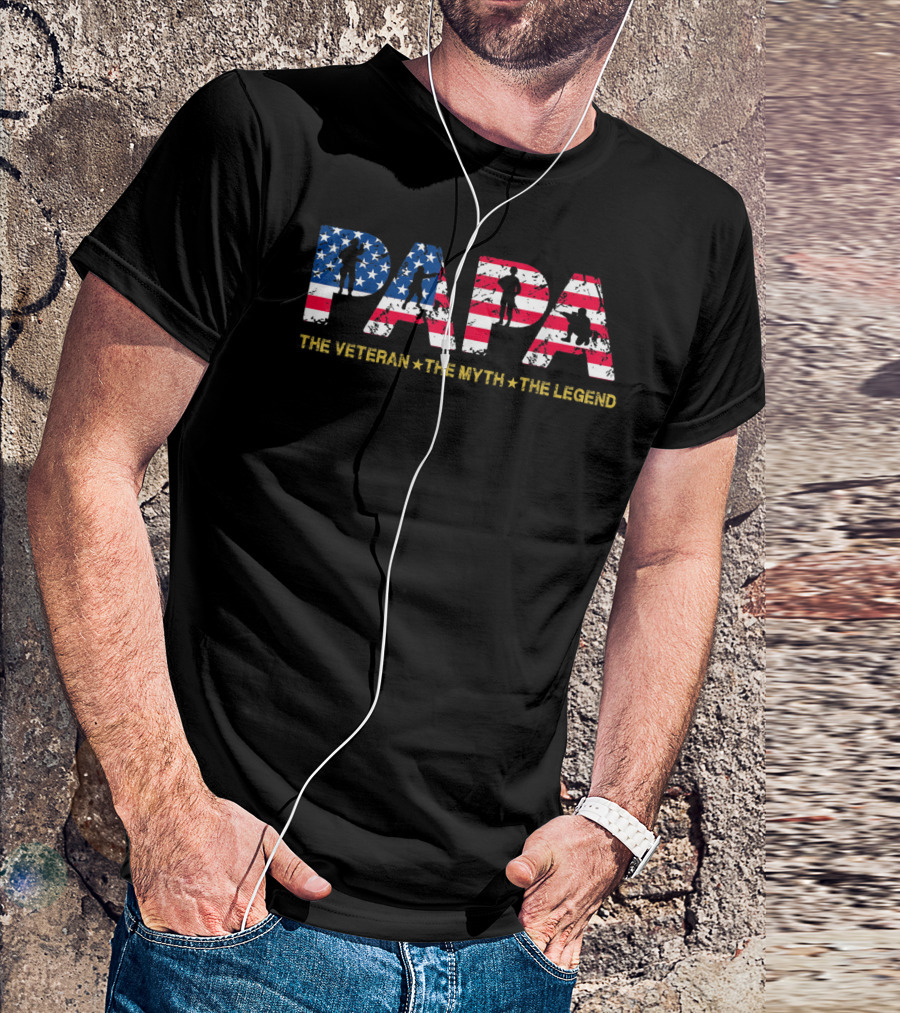 Mens Papa The Veteran The Myth The Legend Patriotic Silhouette Stars Stripes T-Shirt