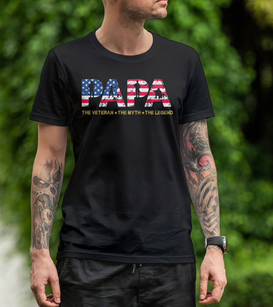 Mens Papa The Veteran The Myth The Legend Patriotic Silhouette Stars Stripes T-Shirt