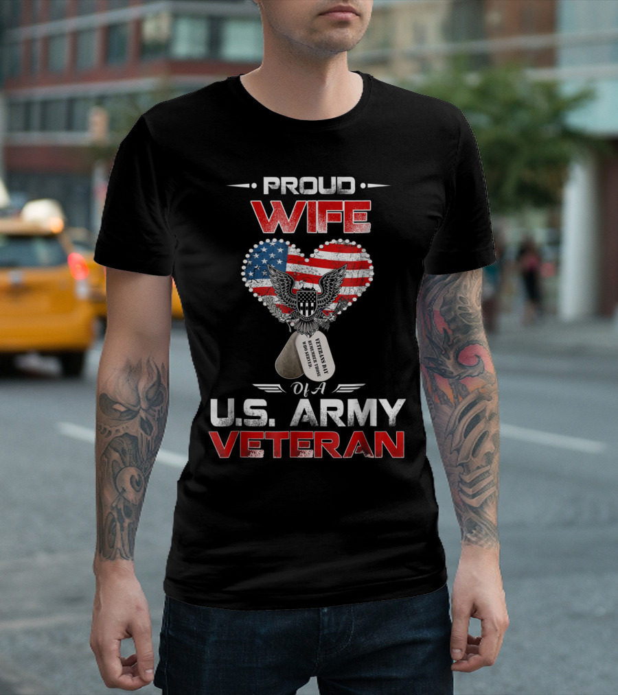 Proud Wife of a U.S. Army Veteran American Flag Eagle Dog Tags T-Shirt