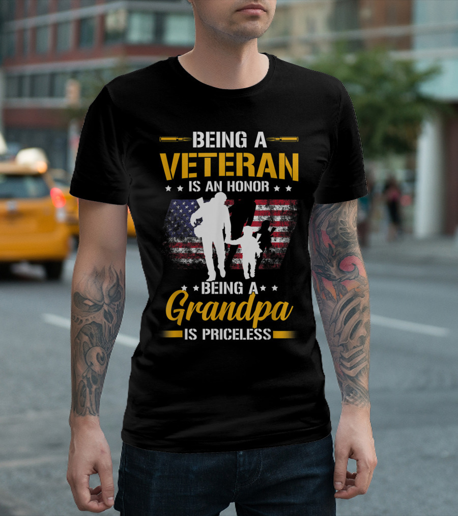 Mens Being A Veteran Is An Honor Being A Grandpa Is Priceless American Flag T-Shirt