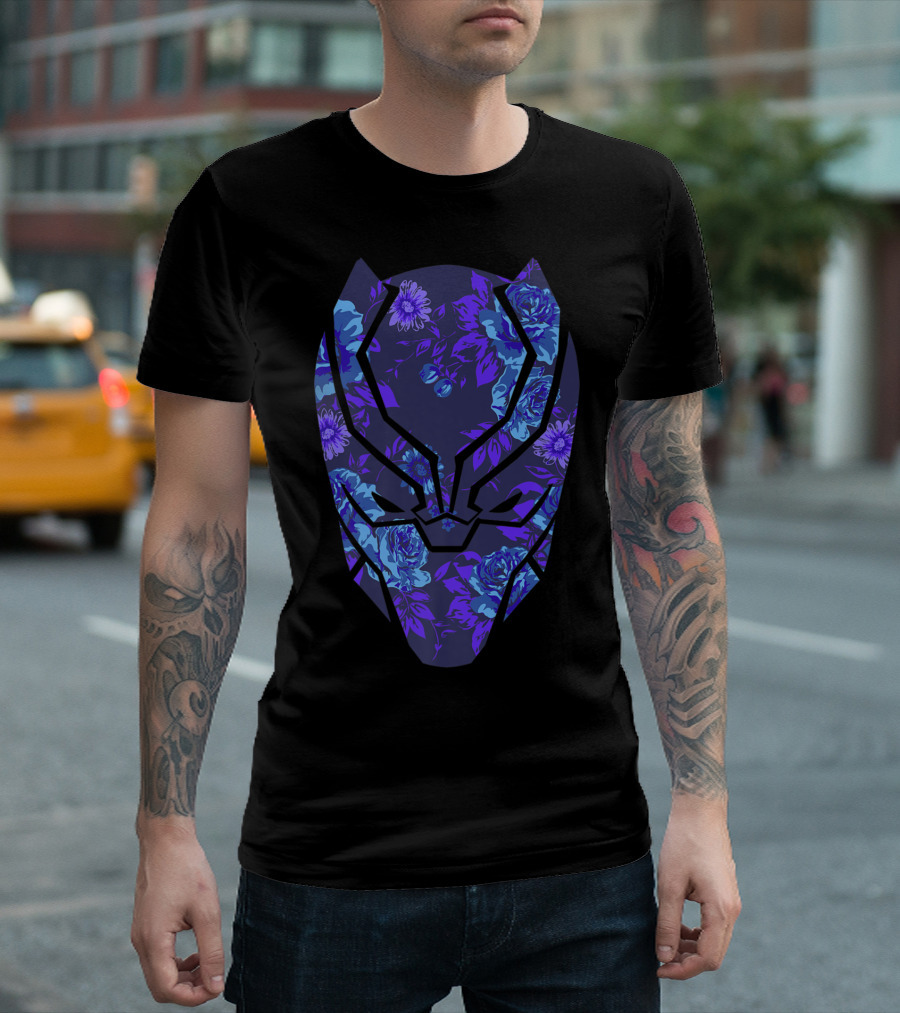 Marvel Avengers Black Panther Floral Mask Blue Purple T-Shirt