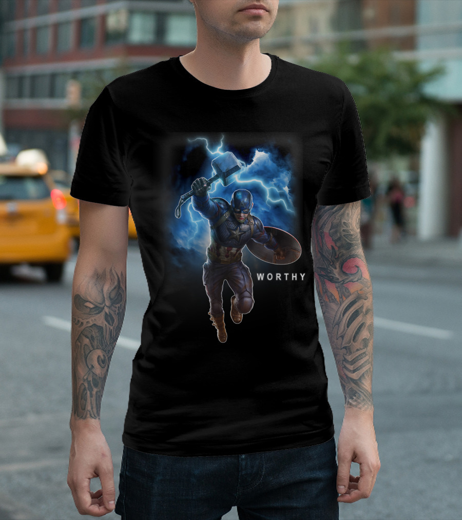 Marvel Avengers Endgame Captain America Wielding Mjolnir Worthy T-Shirt