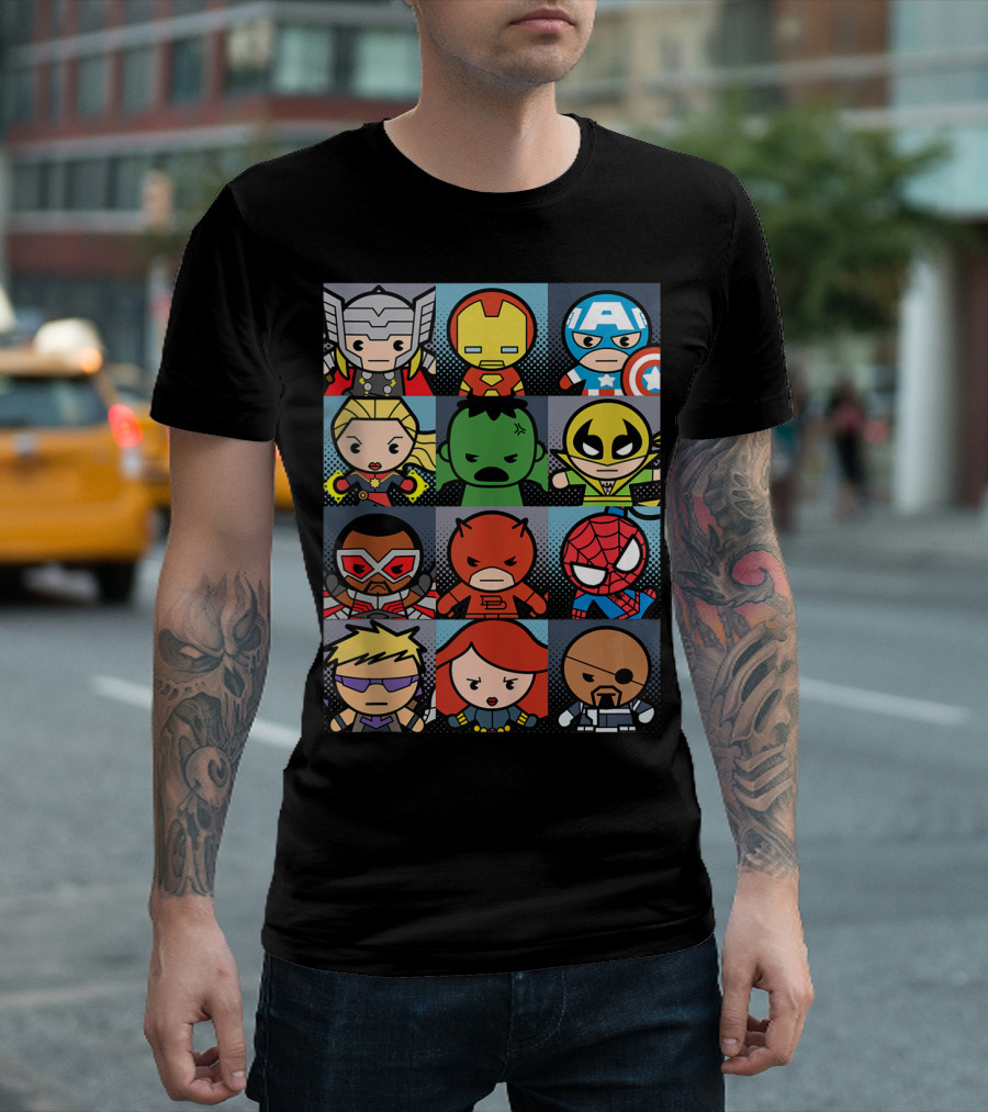 Marvel Avengers Kawaii Portrait Grid Thor Iron Man Captain America Black Widow Hulk Daredevil Spider-Man T-Shirt