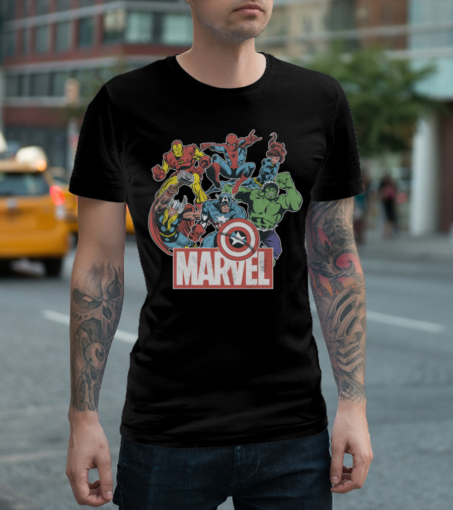 Marvel Avengers Team Spider-Man Captain America Hulk Iron Man Thor Black Widow T-Shirt