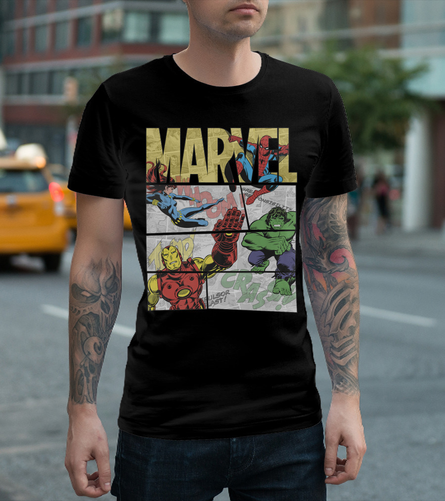 Marvel Avengers Spider-Man Iron Man Hulk Comic Panel Buildup T-Shirt
