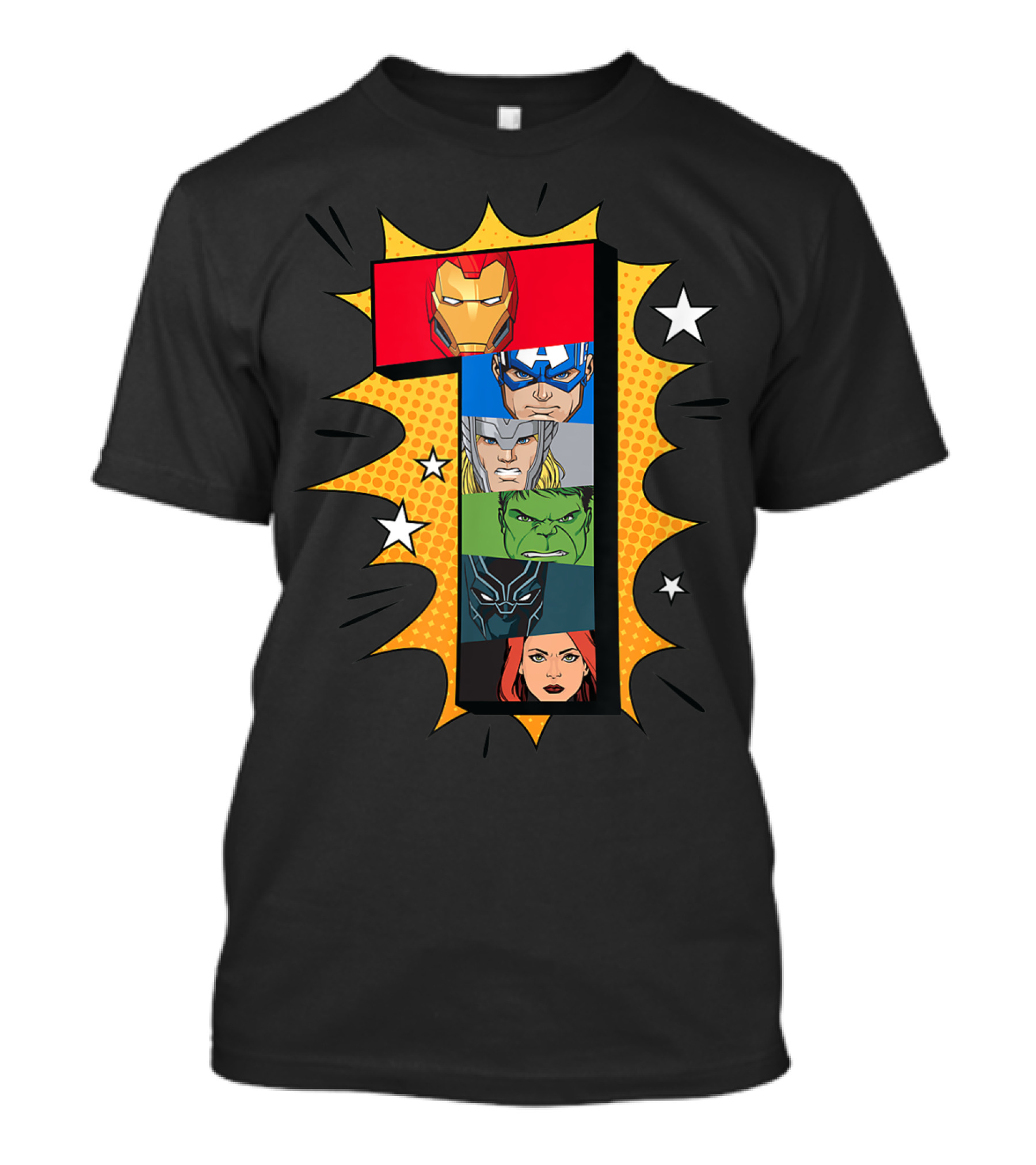 Marvel Avengers Super Heroes Iron Man Captain America Thor Hulk Black Panther Black Widow 1st T-Shirt