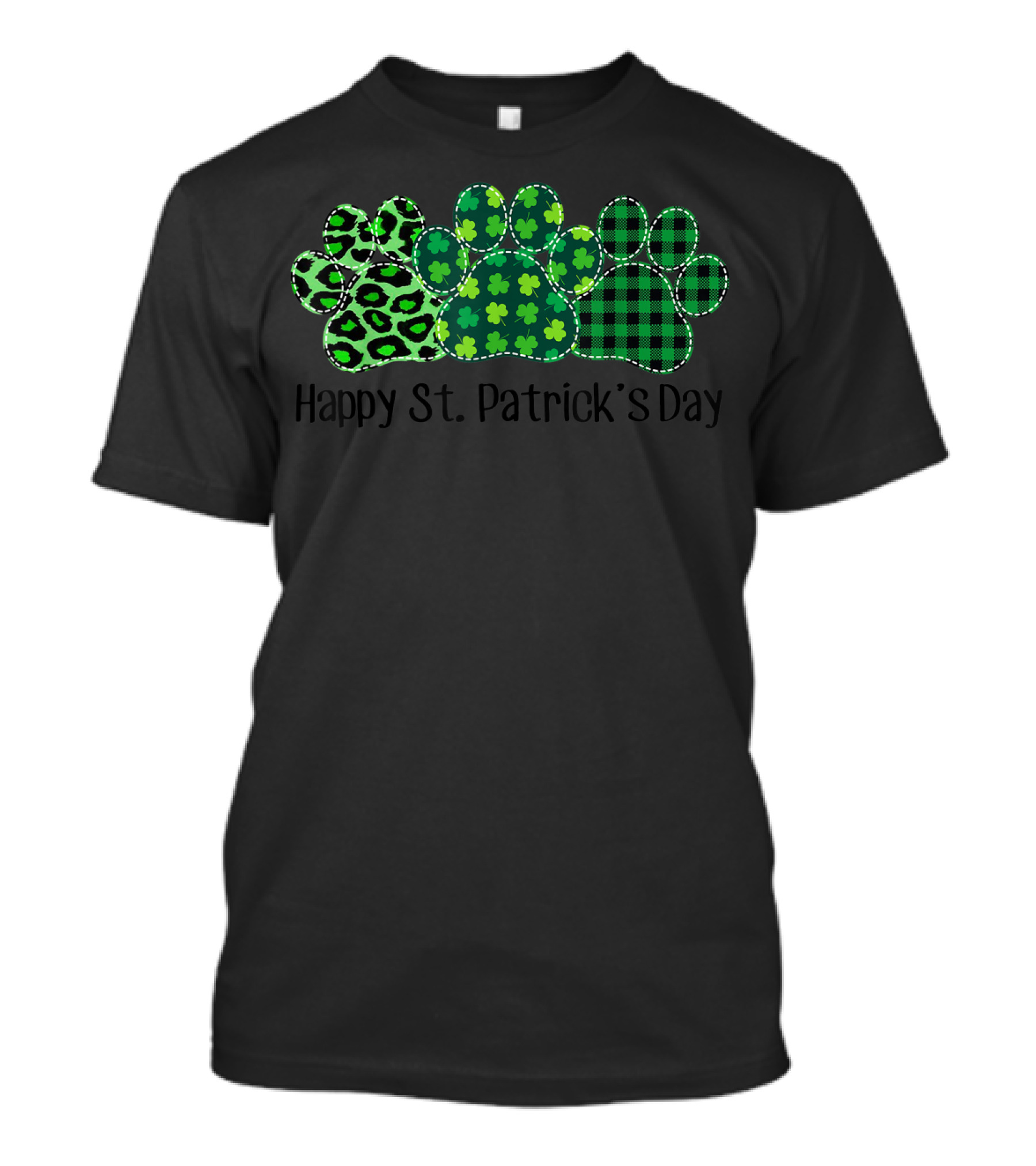 Dog Paw Leopard Shamrock Green Plaid Happy St. Patrick's Day T-Shirt