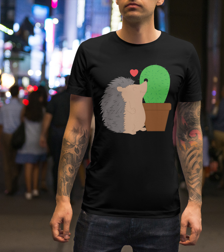 Funny Valentine's Day Hedgehog And Cactus Love Hearts T-Shirt