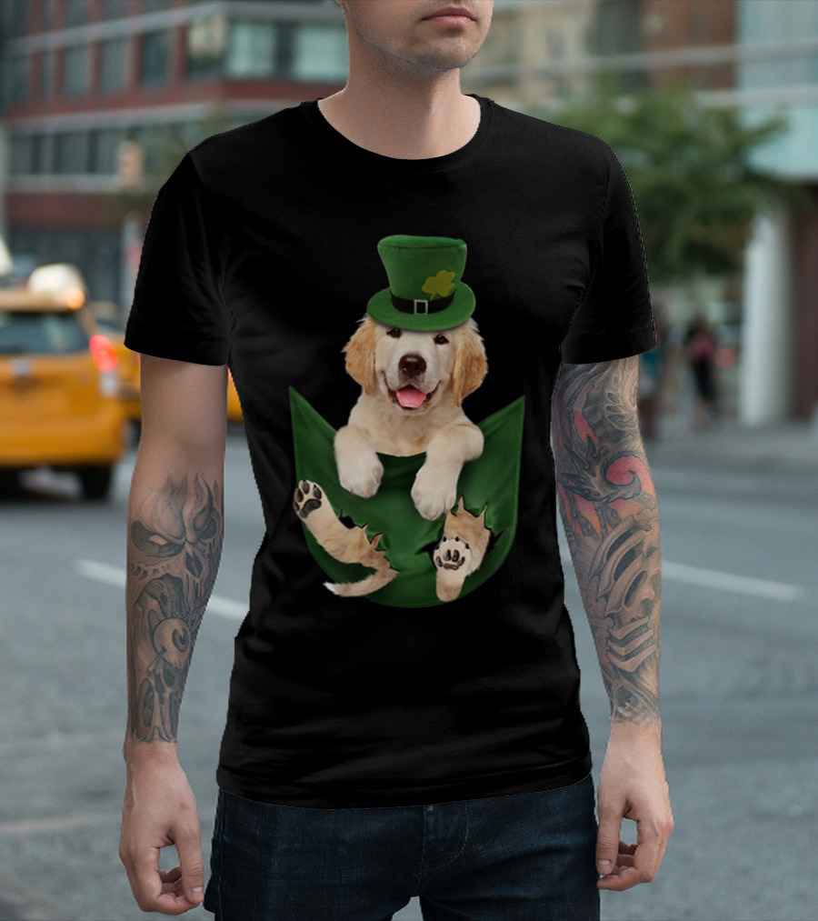 Golden Retriever in Leprechaun Hat Pocket St Patrick's T-Shirt