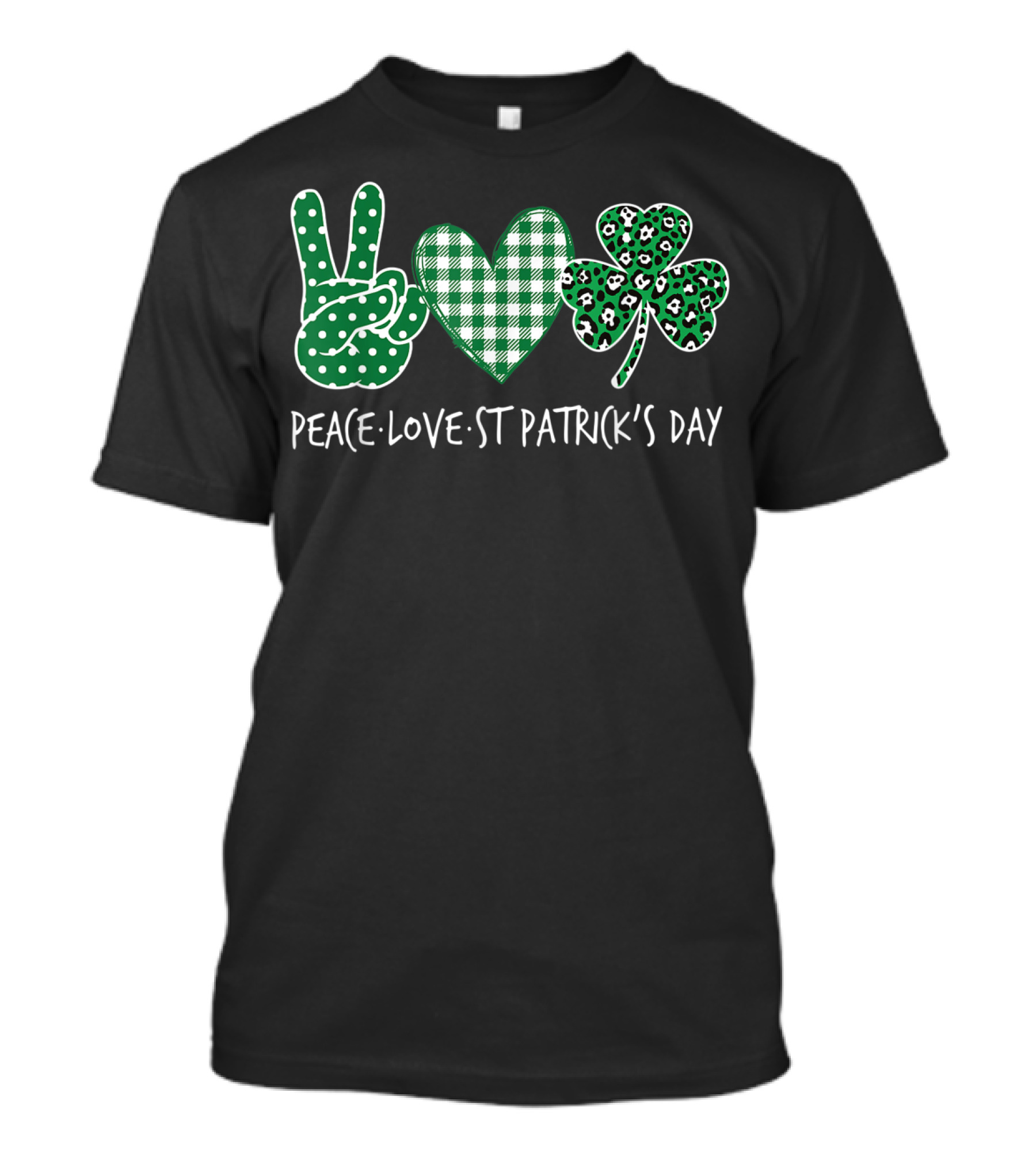 Peace Love St Patrick's Day Green Plaid Leopard Shamrock T-Shirt