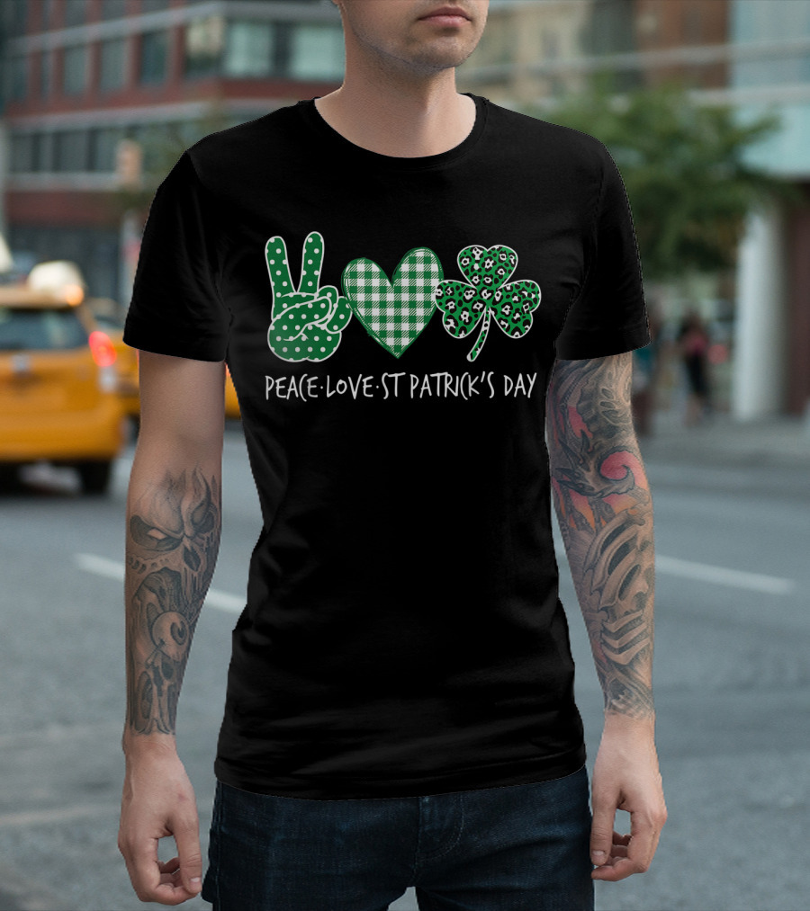 Peace Love St Patrick's Day Green Plaid Leopard Shamrock T-Shirt